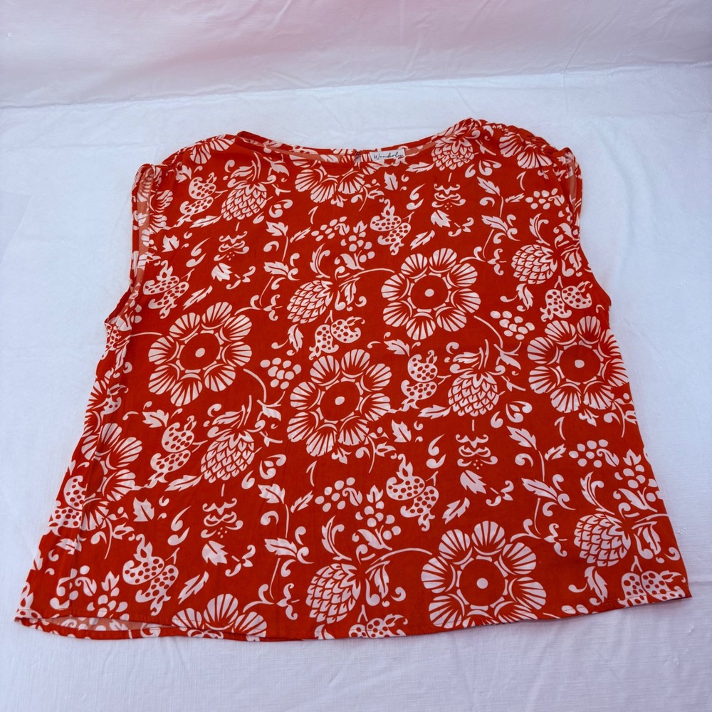 Wonderly Women‎ Orange White Floral Sleeveless Boat Neck Blouse Top Size M 4357